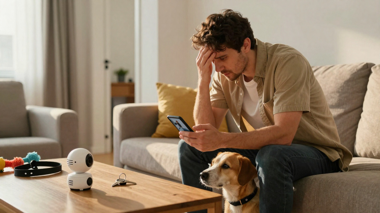 Homem preocupado sentado no sofá com celular na mão e cachorro ao seu lado olhando para a frente.