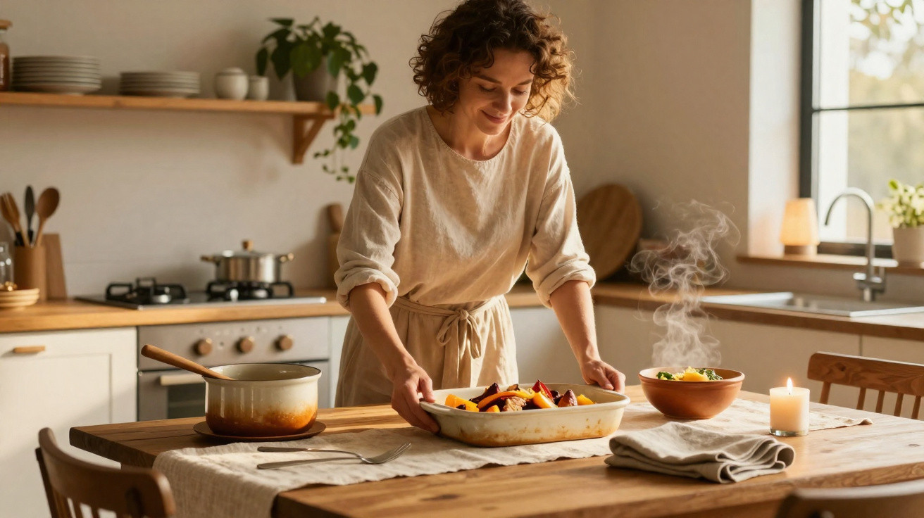 Mulher na cozinha pronta para servir um prato quente em uma tigela na mesa de madeira.