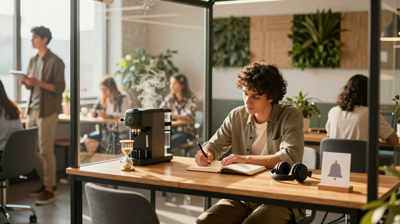 Jovem escrevendo em caderno em mesa com máquina de café e fone em ambiente de trabalho compartilhado.