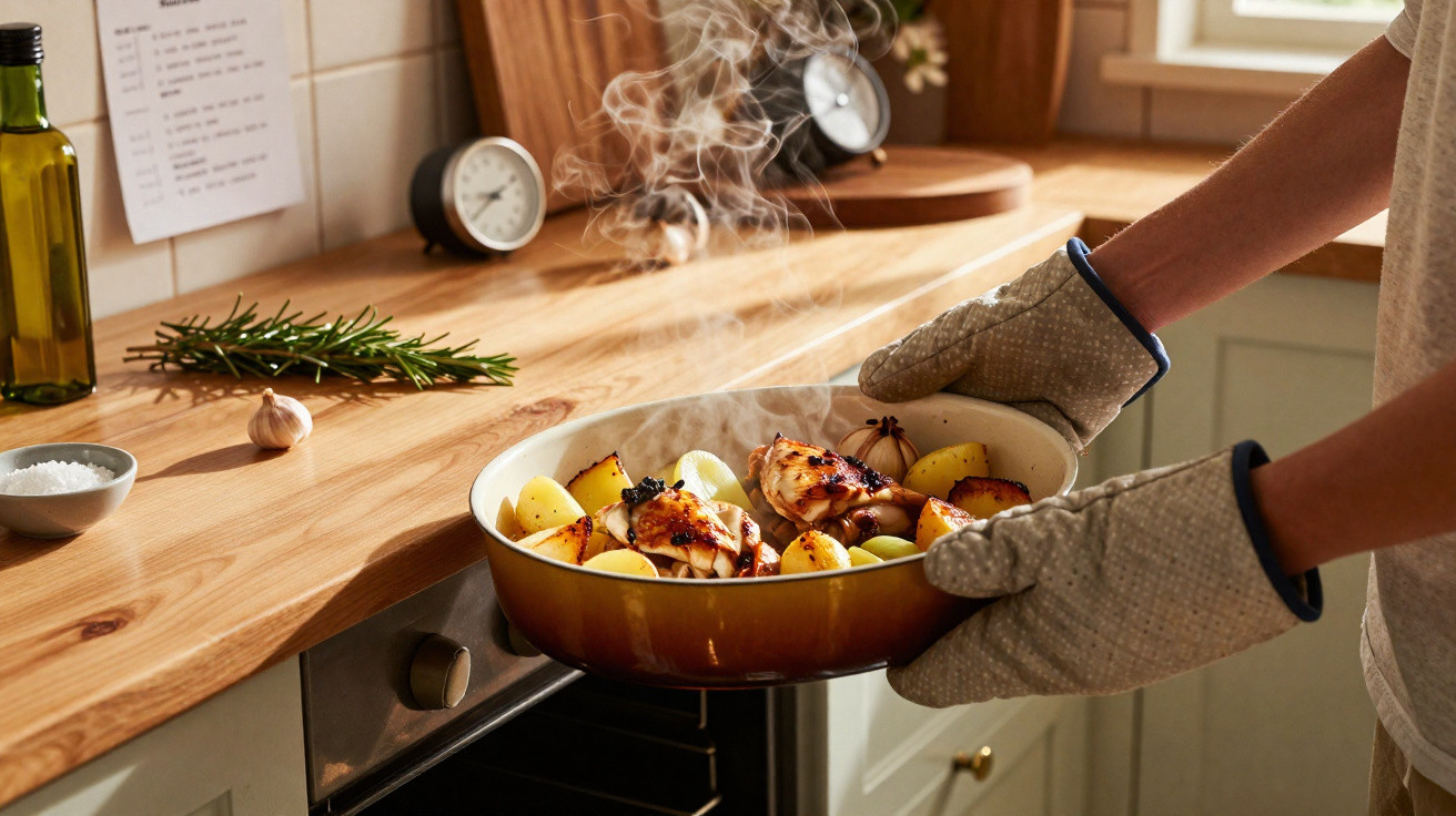 Pessoa usando luvas térmicas retira assadeira com frango e batatas recém-saída do forno em cozinha iluminada.