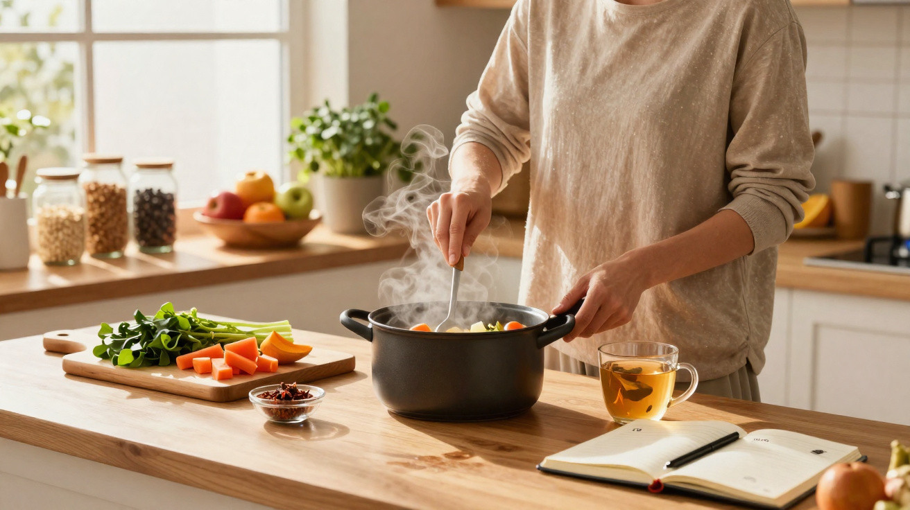 Pessoa mexendo uma panela com legumes cozinhando em uma cozinha iluminada e organizada.