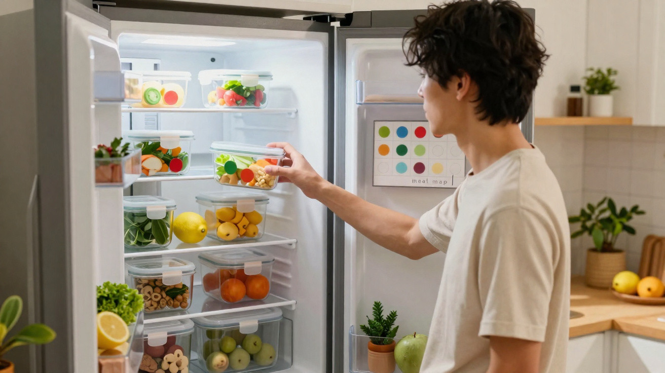 Pessoa pegando recipiente com comida saudável em geladeira organizada com frutas e vegetais em potes transparentes.