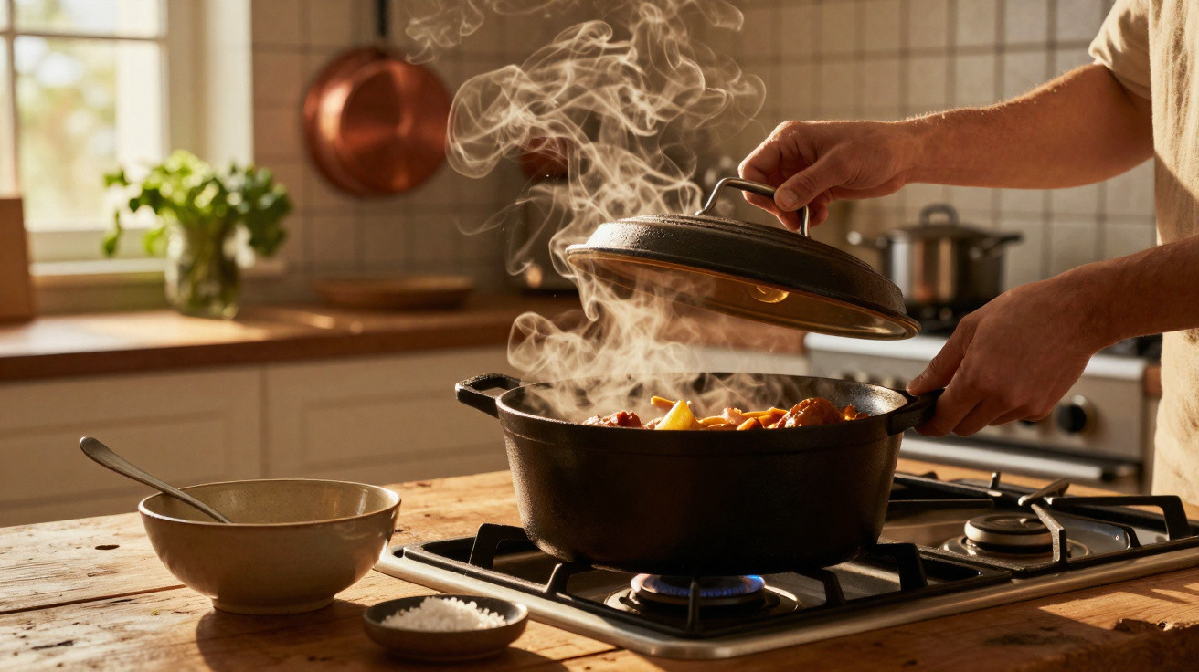 Mãos abrindo tampa de panela com vapor saindo, sobre fogão em cozinha ensolarada e objetos ao redor.