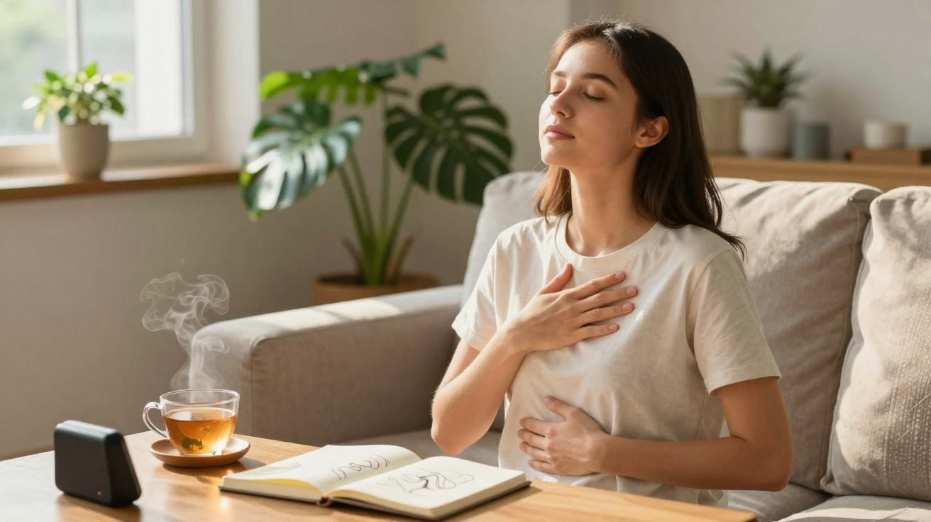 Mulher sentada no sofá com olhos fechados, mãos no peito e na barriga, relaxando.