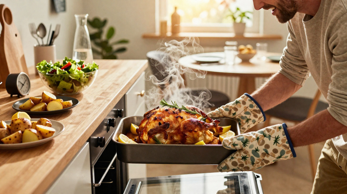 Homem cuidadosamente retirando frango assado fumegante do forno na cozinha iluminada.