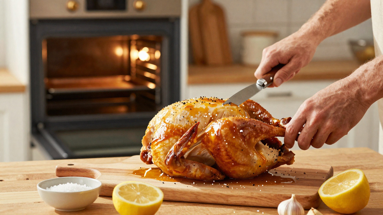 Pessoa cortando um frango assado temperado sobre uma tábua de madeira na cozinha.