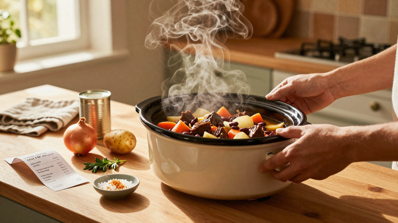 Mãos segurando panela fumegante com ensopado de legumes e carne sobre bancada de madeira em cozinha.
