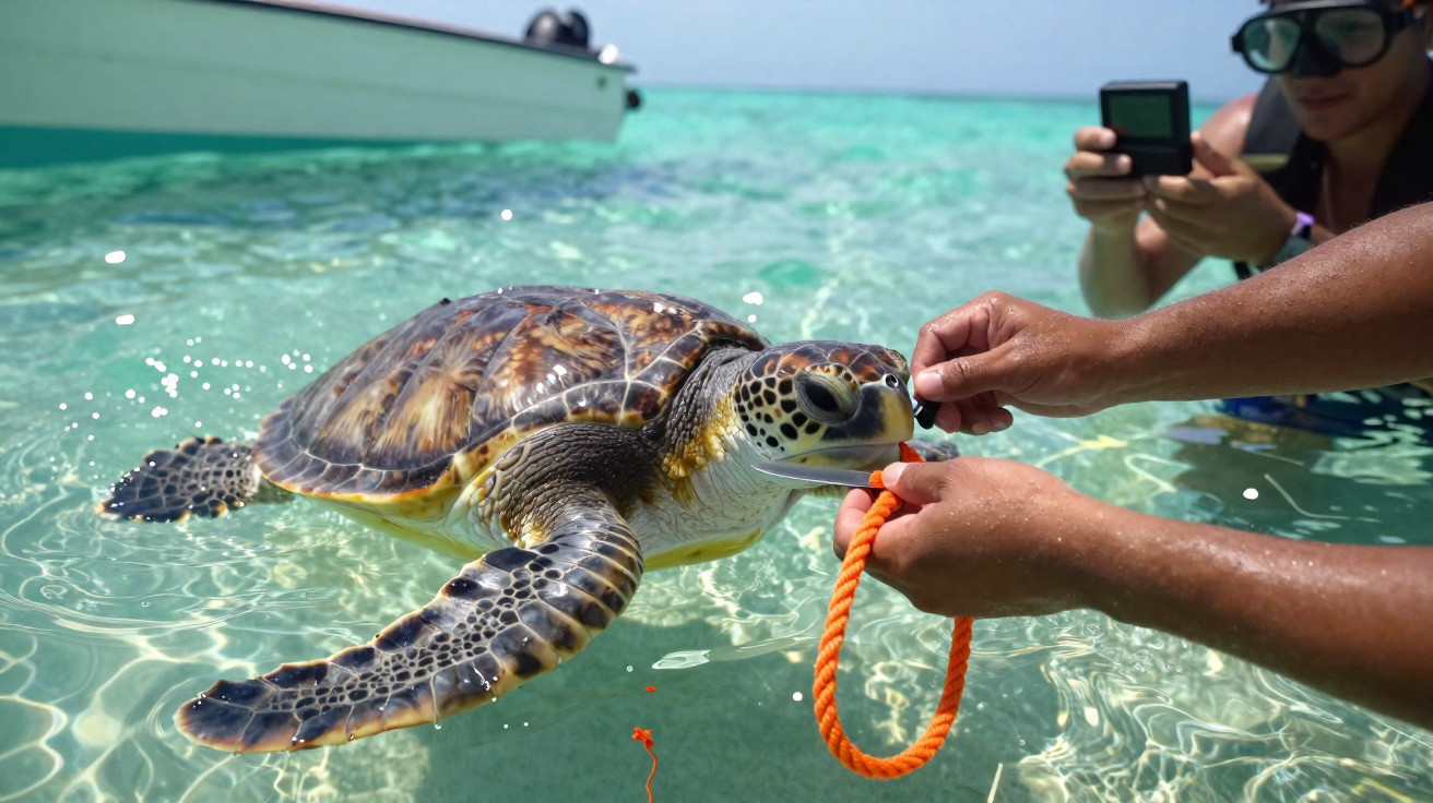 Tartaruga marinha sendo alimentada por pessoa na água clara, com barco e observador ao fundo.