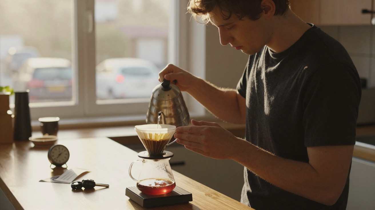 Homem preparando café coado com chaleira em cozinha iluminada pela luz natural.
