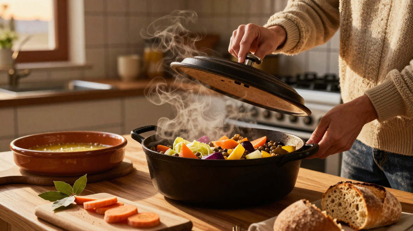 Pessoa abrindo panela com legumes variados cozinhando em vapor em cozinha ensolarada.