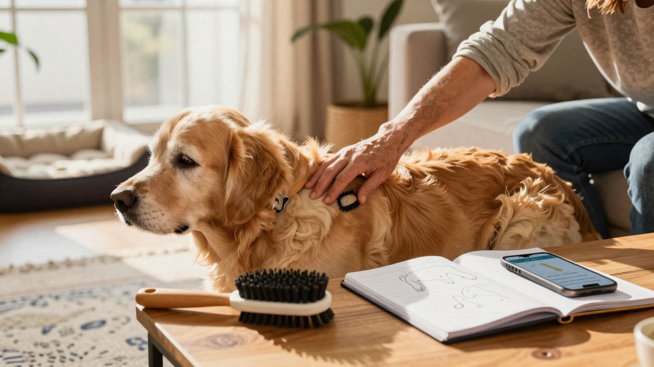 Pessoa escovando as costas de um cachorro dourado enquanto está sentado ao lado de uma mesa com livro e celular.
