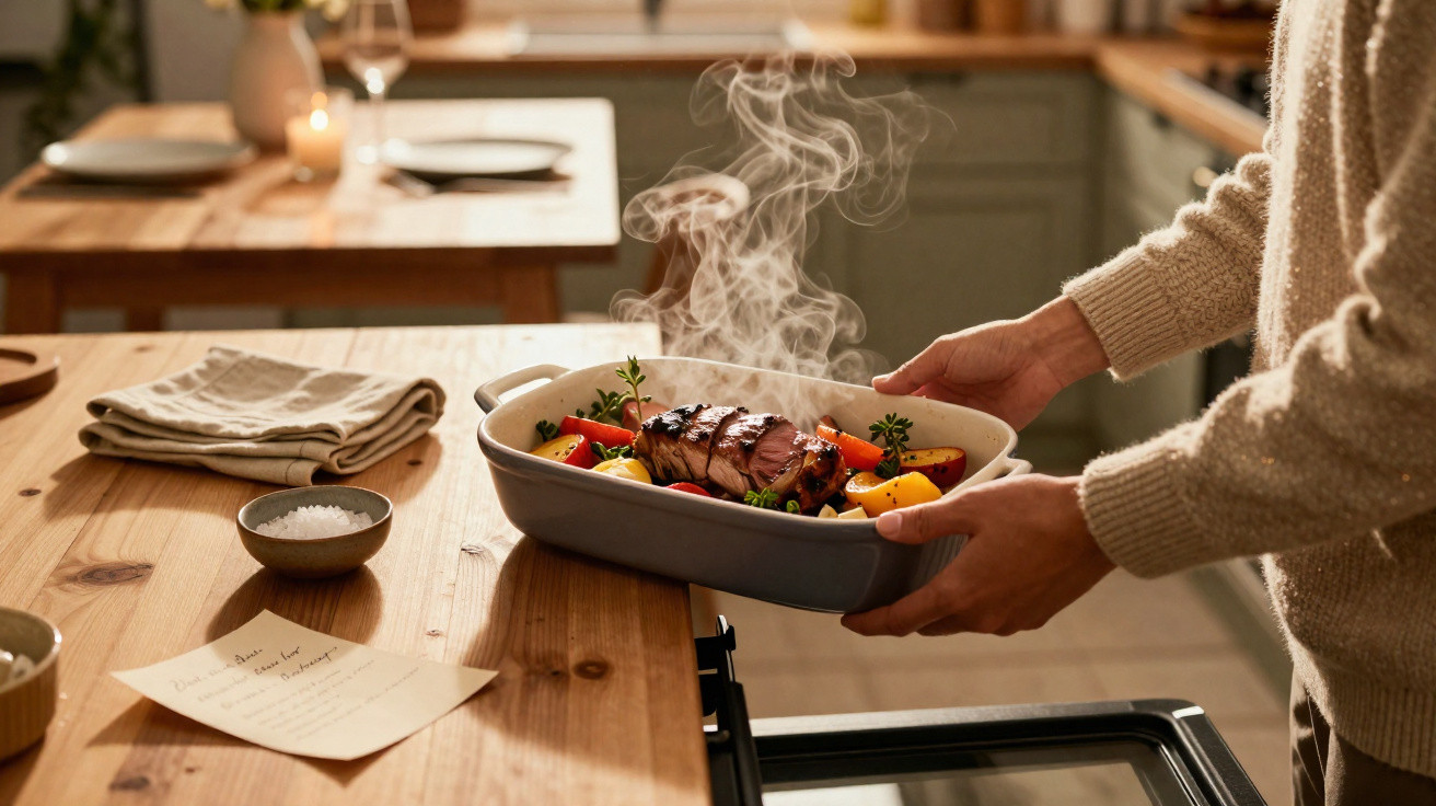 Pessoa retirando assado quente com legumes de forno em cozinha aconchegante e iluminada.