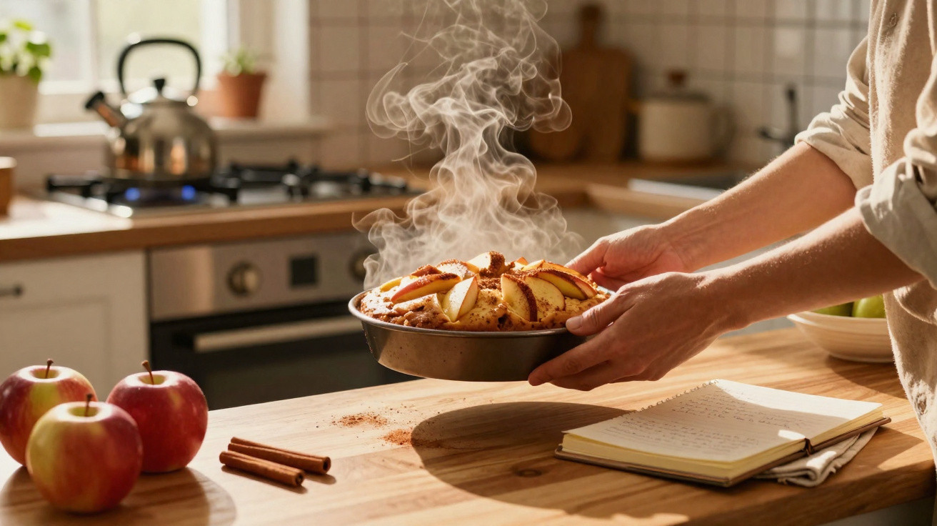 Pessoa segurando torta de maçã quente com vapor acima em cozinha ensolarada.