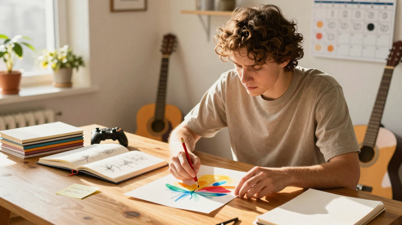 Jovem pintando uma figura colorida à mesa em ambiente iluminado com guitarras ao fundo.