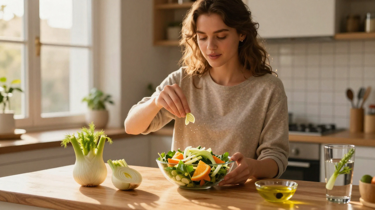 Mulher temperando salada fresca com vegetais em cozinha iluminada e arejada.