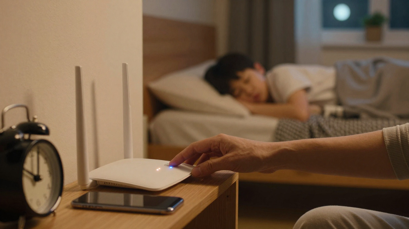 Pessoa desligando roteador Wi-Fi próximo a criança dormindo em quarto durante a noite.