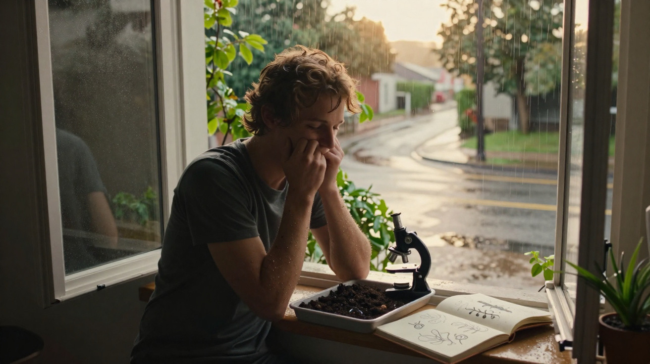 Jovem observando amostra de terra e microscópio em janela aberta durante chuva ao entardecer.