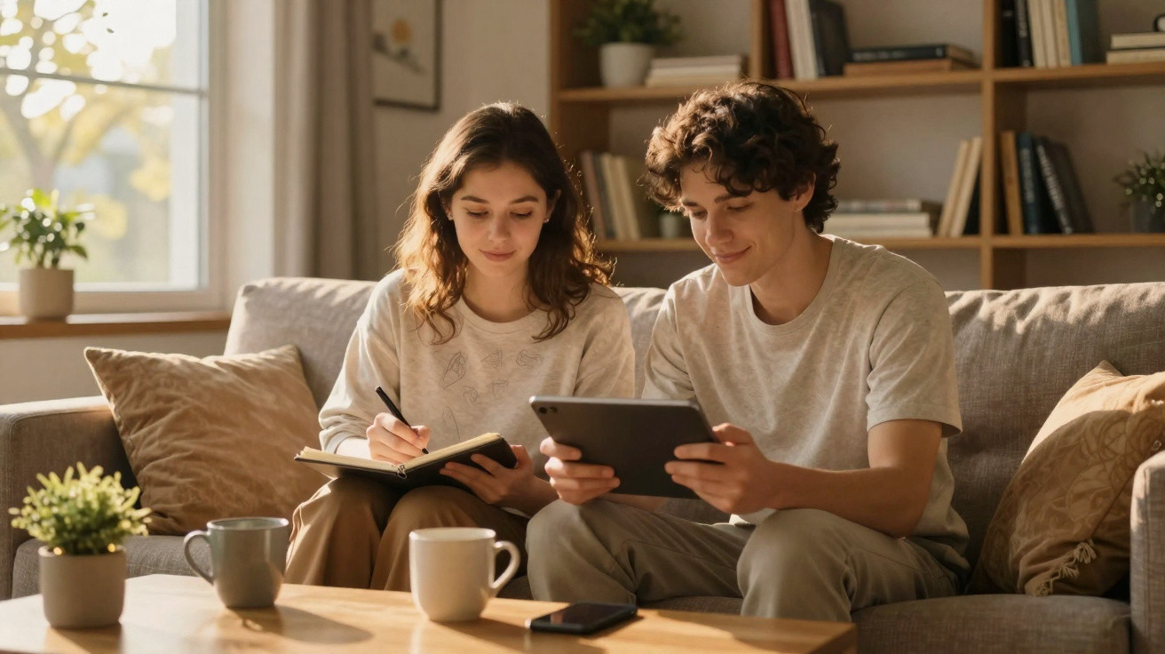 Jovem casal sentado no sofá, ela escreve em caderno e ele usa tablet, ambiente iluminado e aconchegante.
