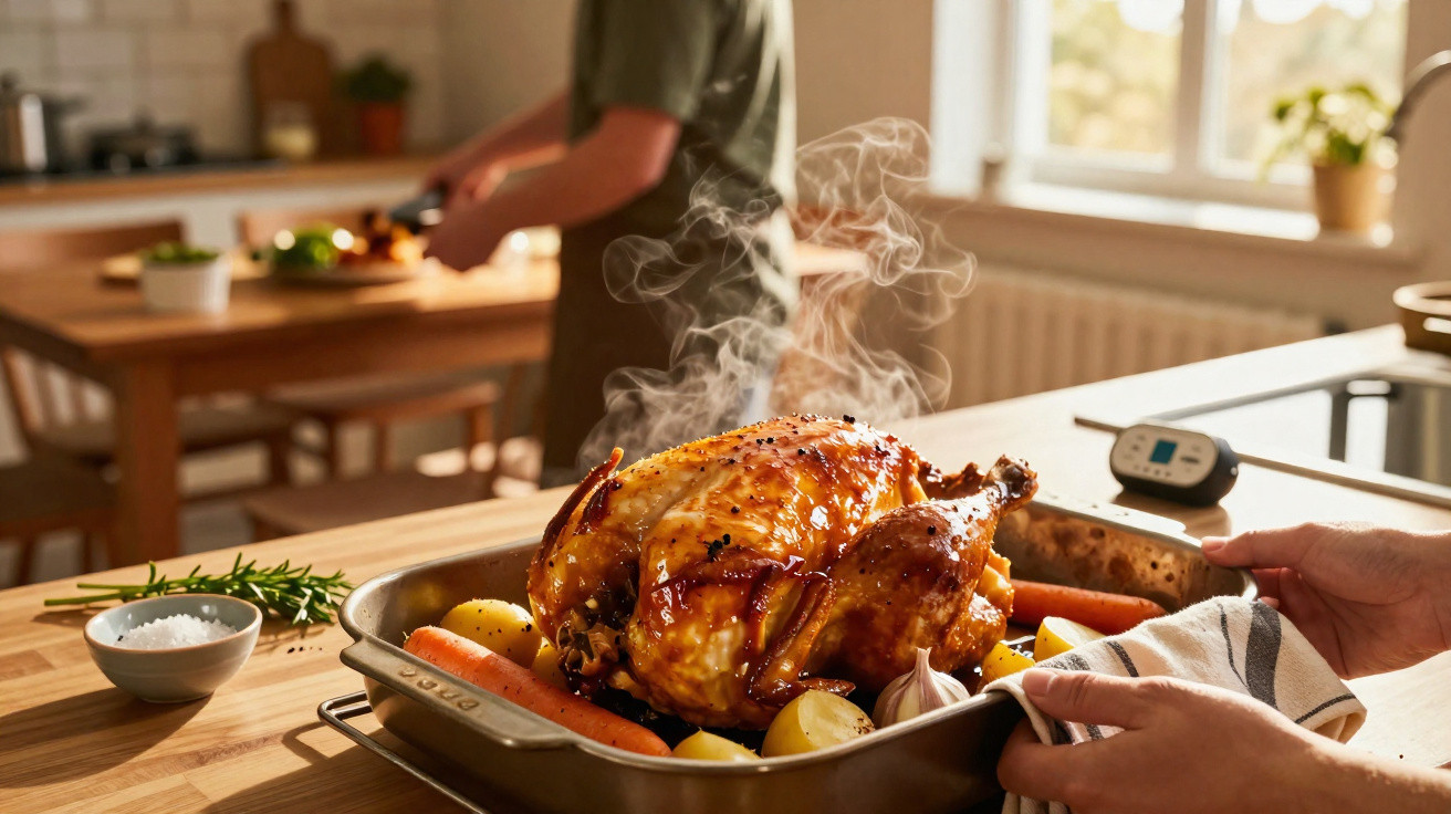 Frango assado dourado com batatas e cenouras em assadeira, com mãos segurando e vapor saindo.