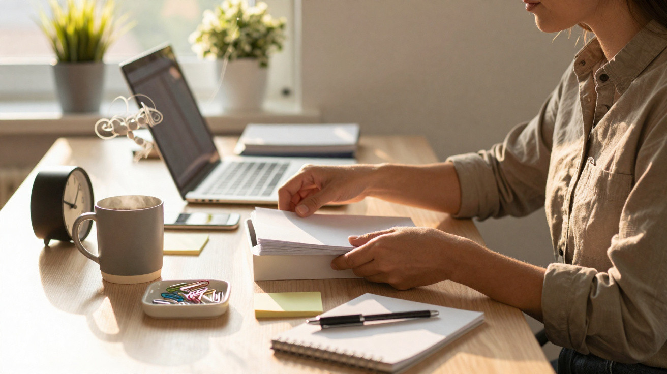 Pessoa organizando documentos em mesa de trabalho com laptop, xícara, caderno e plantas ao fundo.