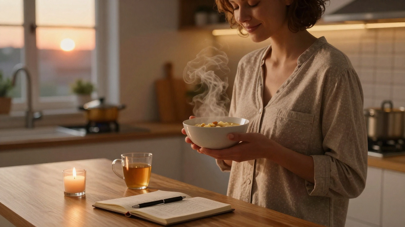 Mulher segurando tigela com comida quente na cozinha ao amanhecer com vela, chá e caderno na mesa.
