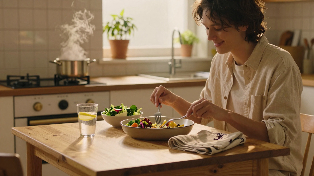 Pessoa sorrindo enquanto come salada em cozinha iluminada, com panela liberando vapor ao fundo.