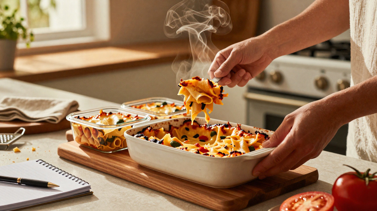 Pessoa pegando porção de macarrão gratinado com queijo e tomate, em recipiente branco na cozinha.