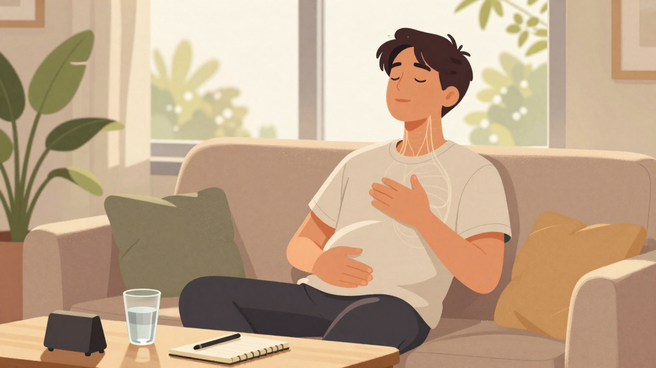 Homem sentado no sofá com olhos fechados, ouvindo música e relaxando em uma sala iluminada.