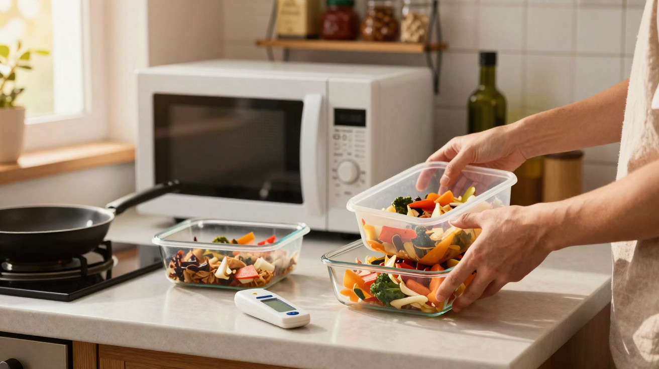 Pessoa organizando marmitas com legumes e vegetais na cozinha, com micro-ondas e termômetro na bancada.