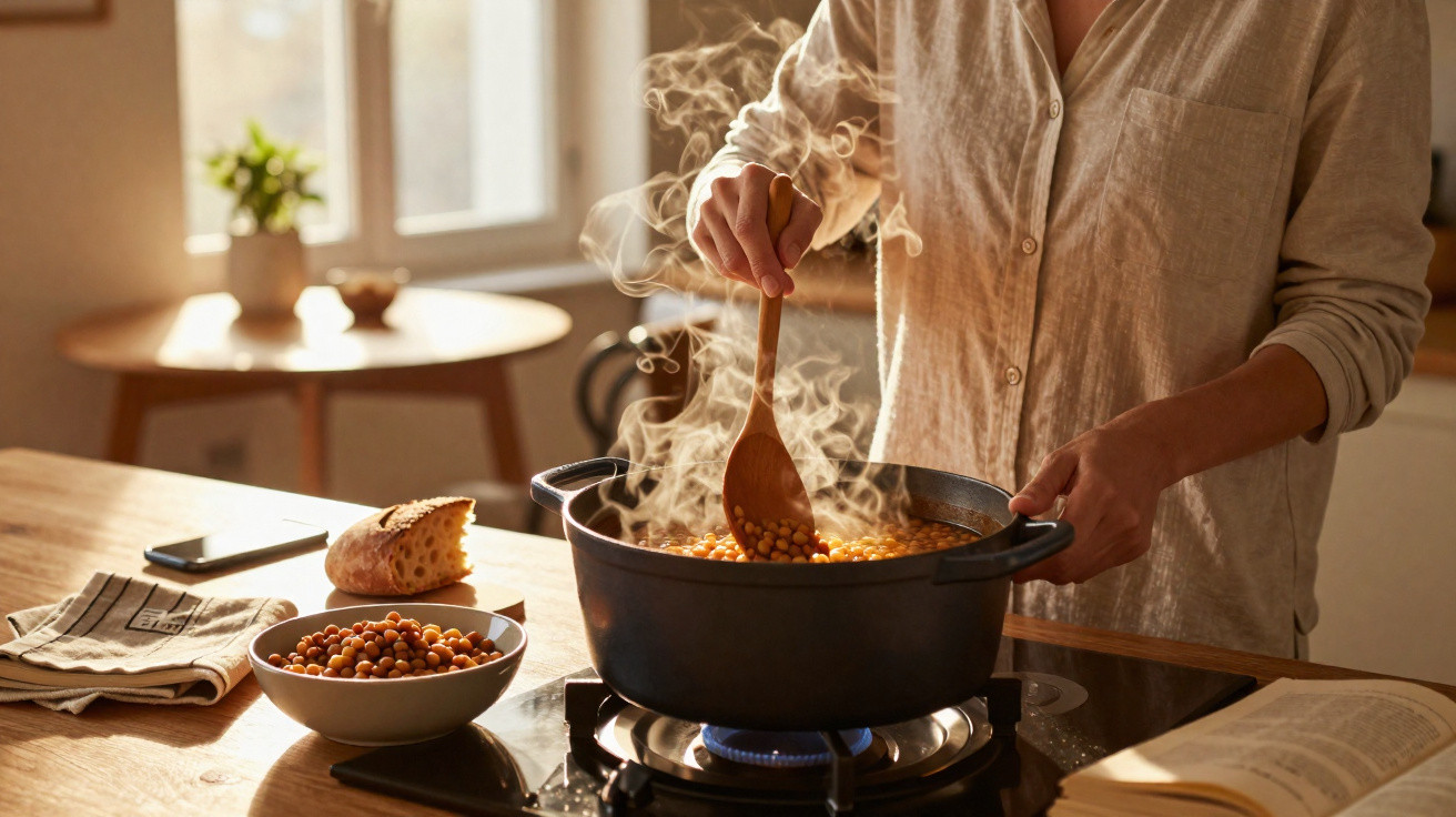 Pessoa mexendo sopa quente em panela preta no fogão a gás em cozinha iluminada pela luz natural.