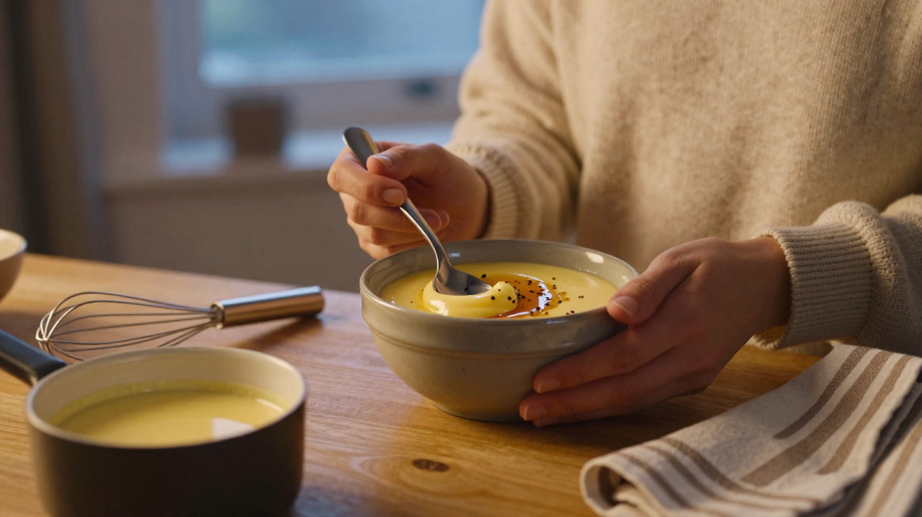 Pessoa segura uma tigela de sopa cremosa amarela com colher, em mesa de madeira com utensílios ao redor.