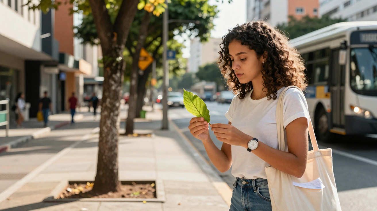 Mulher jovem observando uma folha verde em uma calçada urbana com ônibus ao fundo.