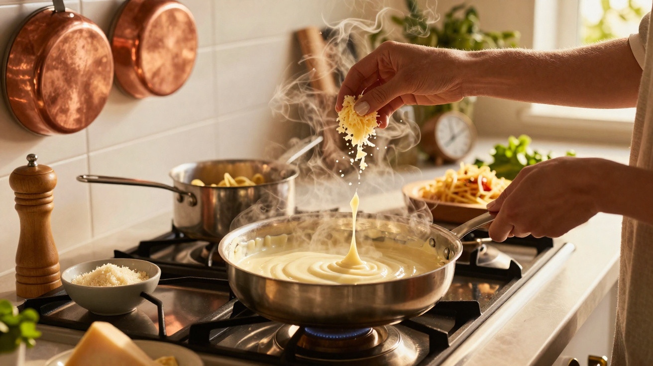 Pessoa adiciona queijo ralado em molho cremoso fervendo em panela na cozinha.