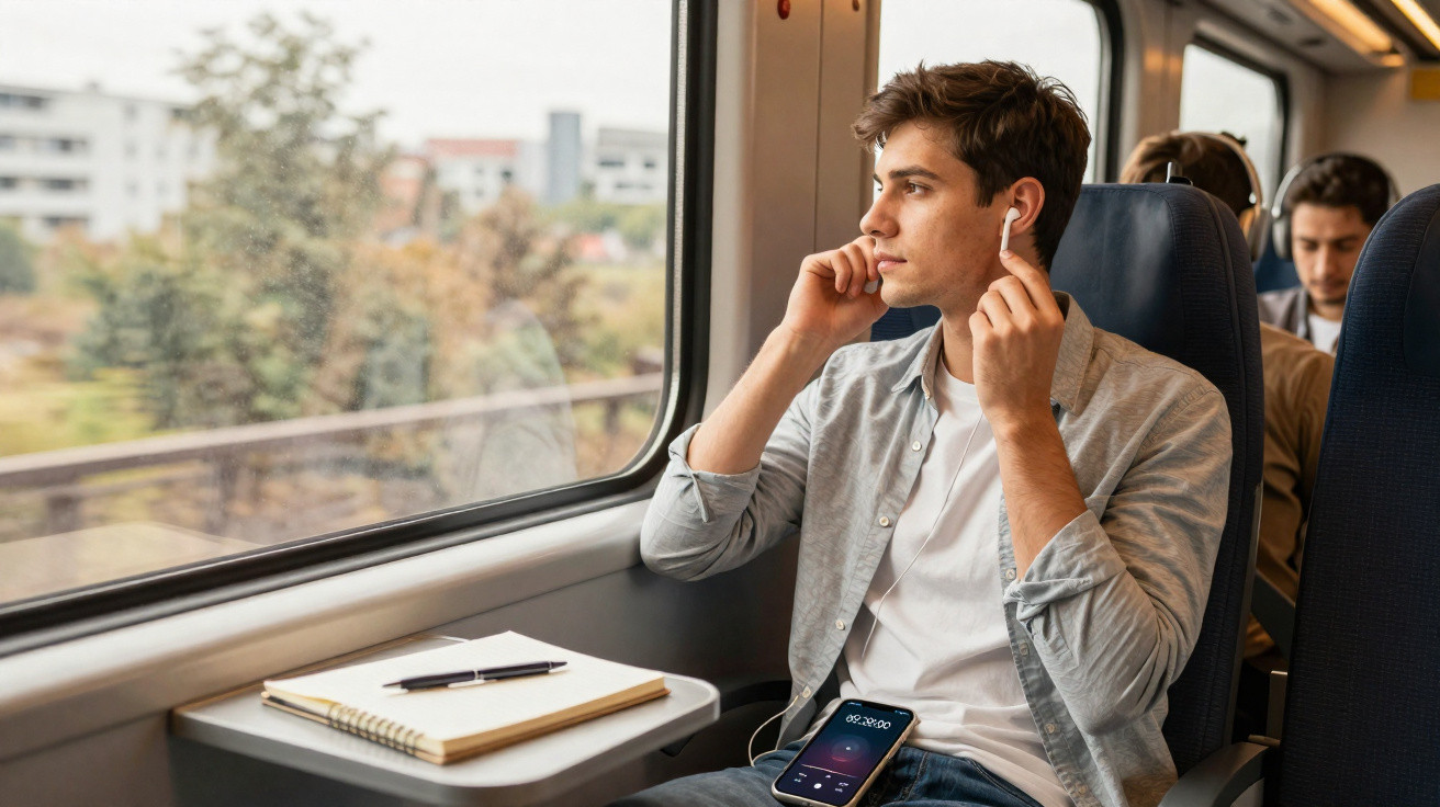 Jovem ouvindo música com fones de ouvido no trem, olhando pela janela, com caderno e celular na mesa.
