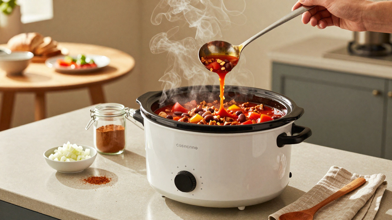 Panela elétrica branca com ensopado quente e mão servindo com concha na cozinha.