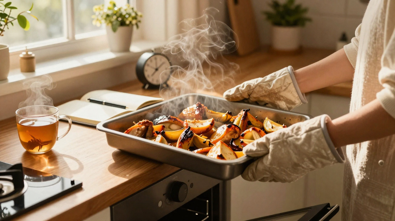 Pessoa com luvas retira assado de frango com legumes do forno em cozinha iluminada por luz natural.
