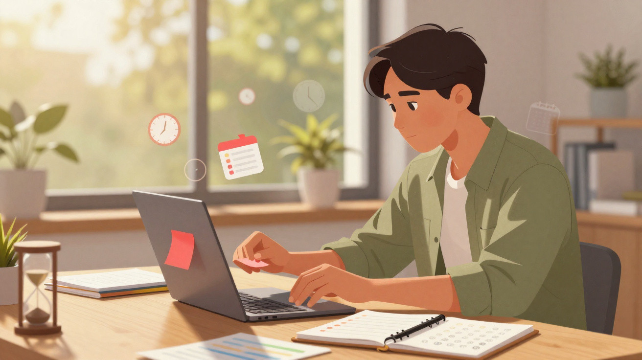 Jovem trabalha em laptop em mesa organizada com caderno, ampulheta e plantas ao fundo.