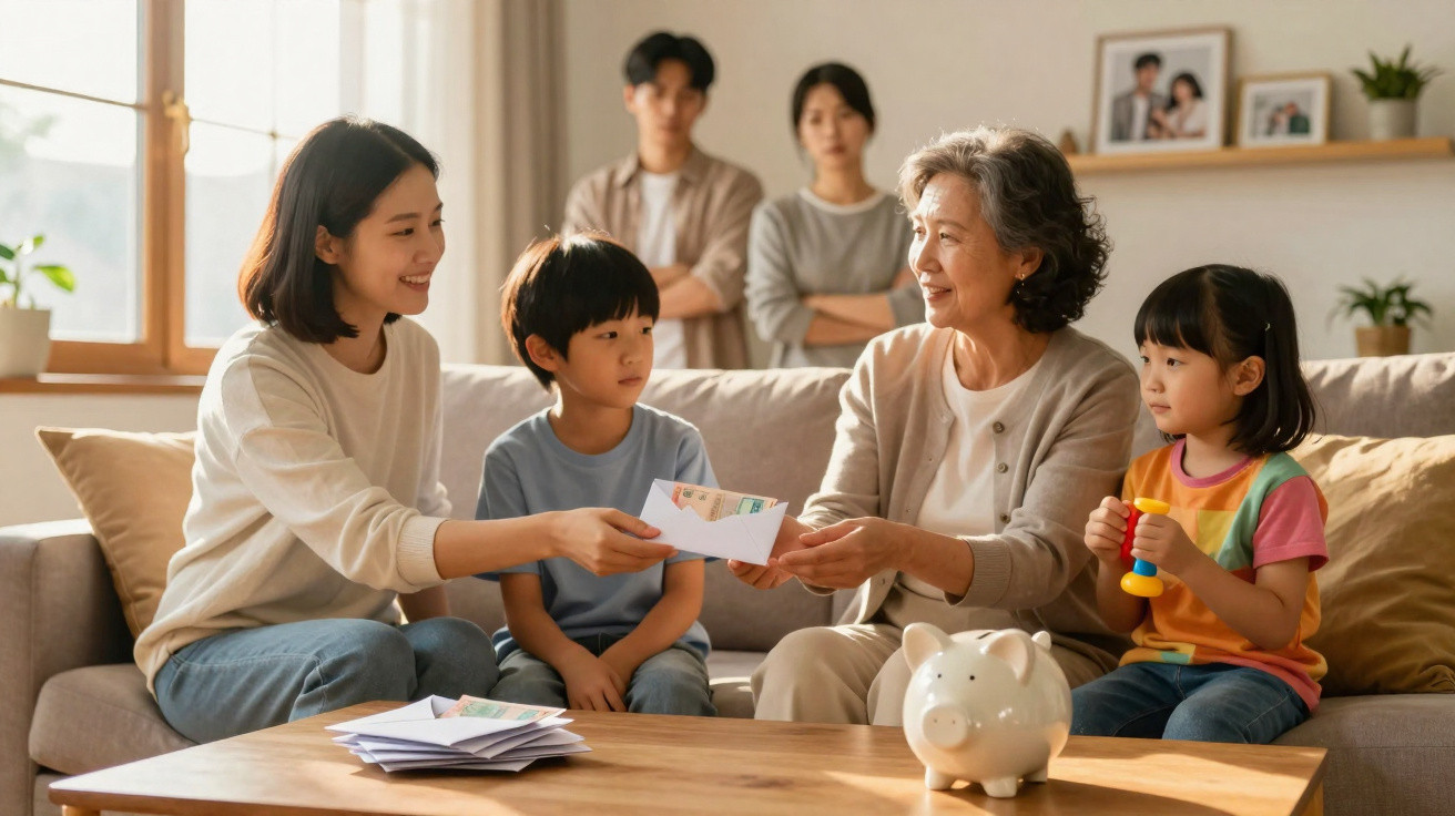 Família asiática com três gerações reunida na sala, trocando envelopes e segurando um cofrinho.