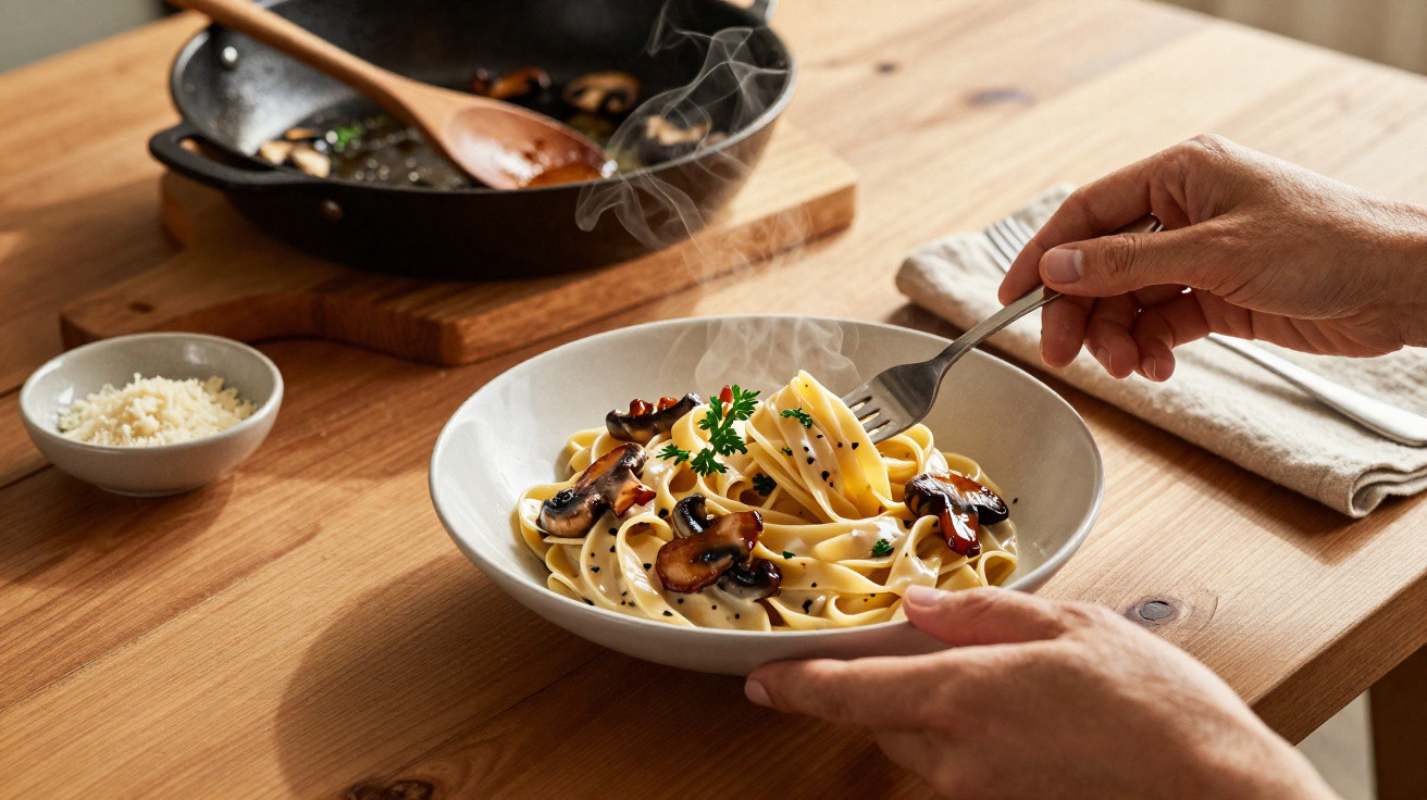 Pessoa segurando prato com massa fettuccine, cogumelos, salsa e mexendo com garfo em mesa de madeira.