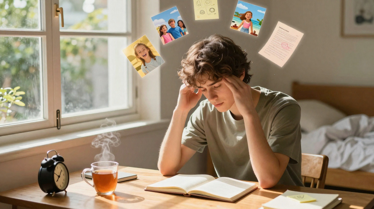 Jovem sentado à mesa lendo livro com fotos e anotações flutuando, parecendo focado e preocupado.