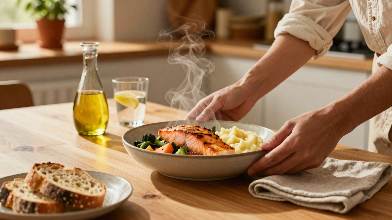 Prato com salmão grelhado, purê de batata e legumes servidos em uma mesa de madeira.