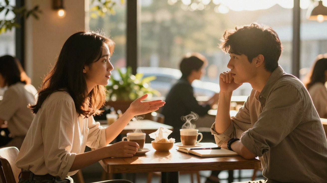 Casal jovem conversando em café, com xícaras de café quente na mesa, ambiente iluminado natural.