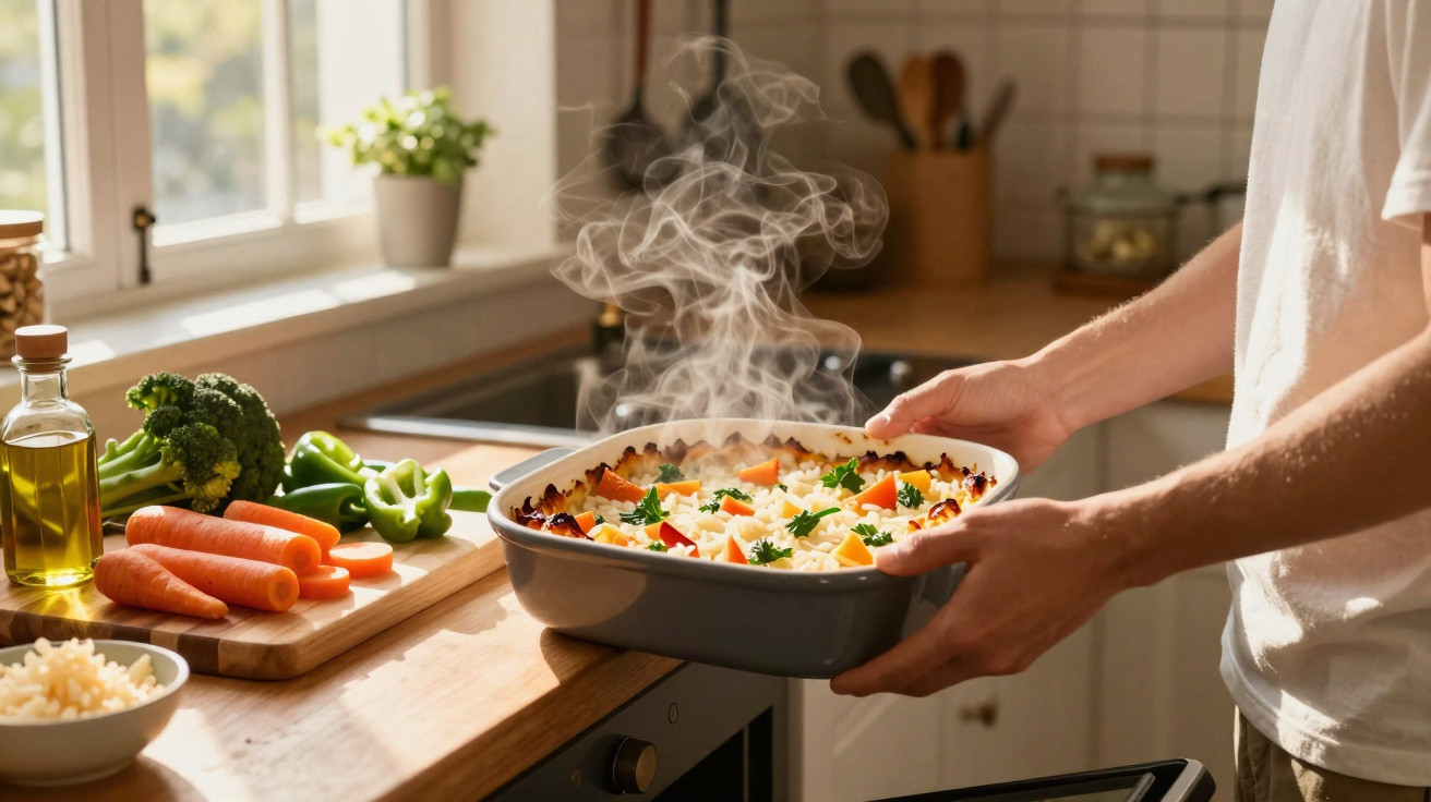Pessoa tirando do forno uma travessa quente de legumes assados e arroz na cozinha iluminada pelo sol.