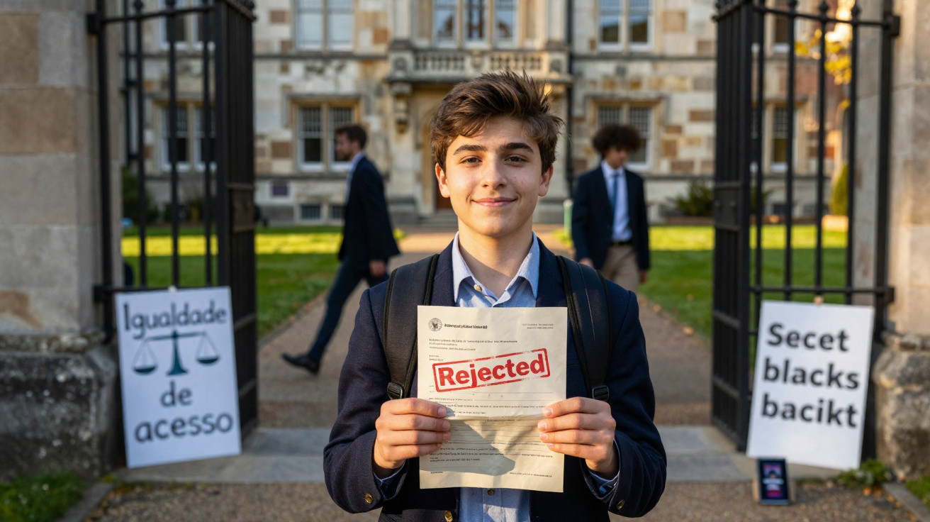 Jovem segurando carta de rejeição na frente de portão de universidade com cartazes sobre igualdade de acesso.