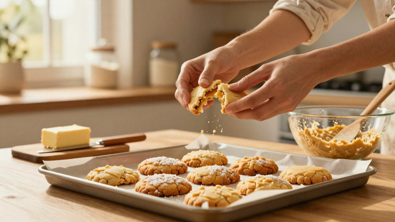 Mãos quebrando um biscoito caseiro em assadeira com mais biscoitos e ingredientes ao fundo.