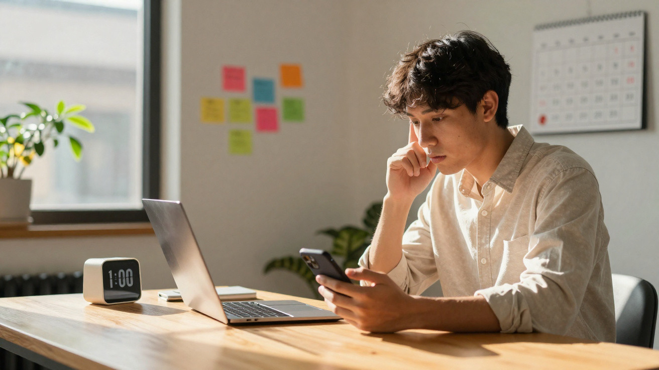 Homem jovem sentado à mesa com laptop olhando para o celular em ambiente de trabalho iluminado.