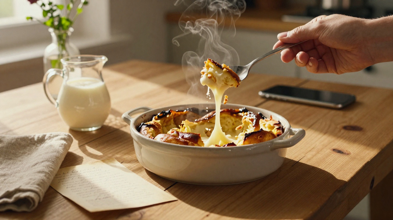 Pote branco com queijo gratinado quente sendo servido com garfo sobre mesa de madeira em ambiente iluminado.