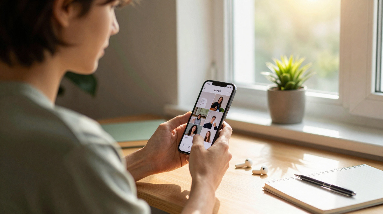 Pessoa em chamada de vídeo em smartphone, sentada à mesa com caderno, caneta e planta perto da janela.