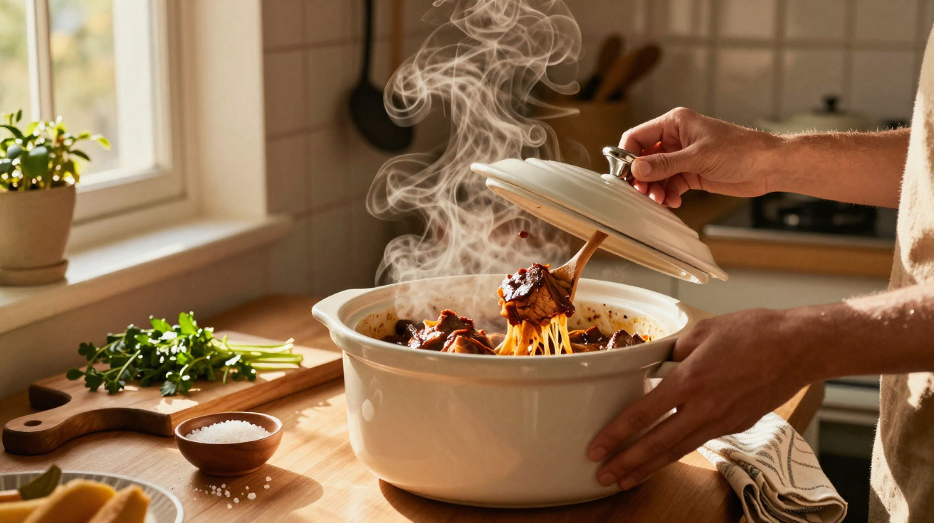 Mãos retirando penne com molho e carne de panela branca fumegante em cozinha iluminada.