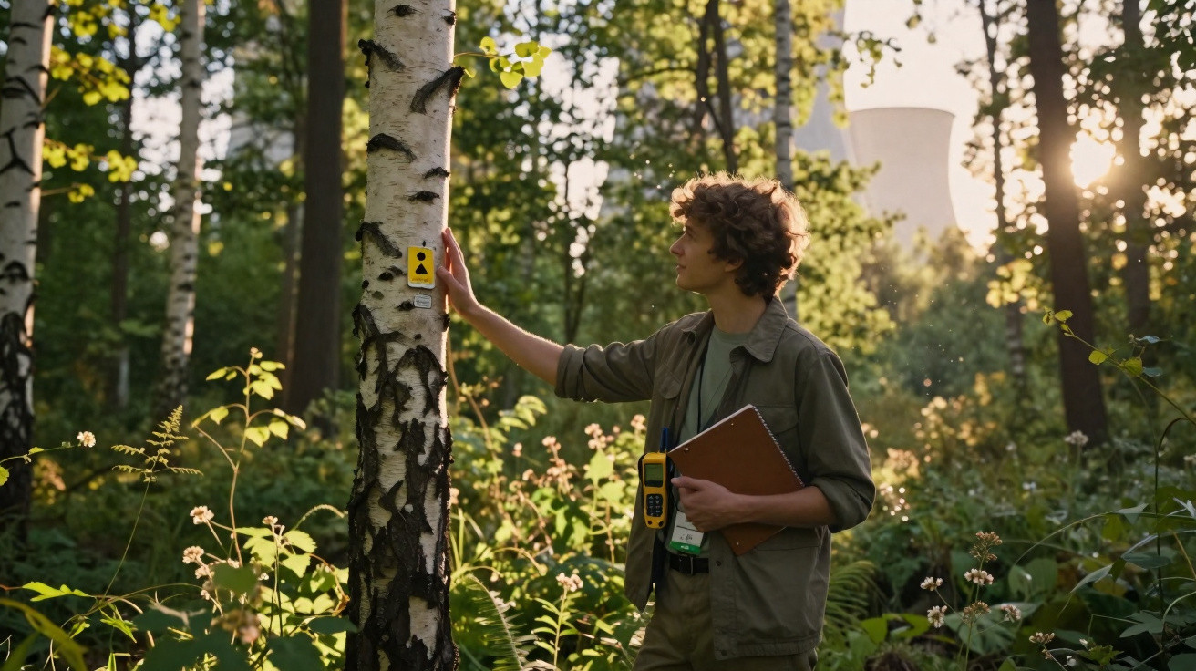 Jovem pesquisador em floresta toca uma árvore com aparelho medidor e caderno, usina vista ao fundo.